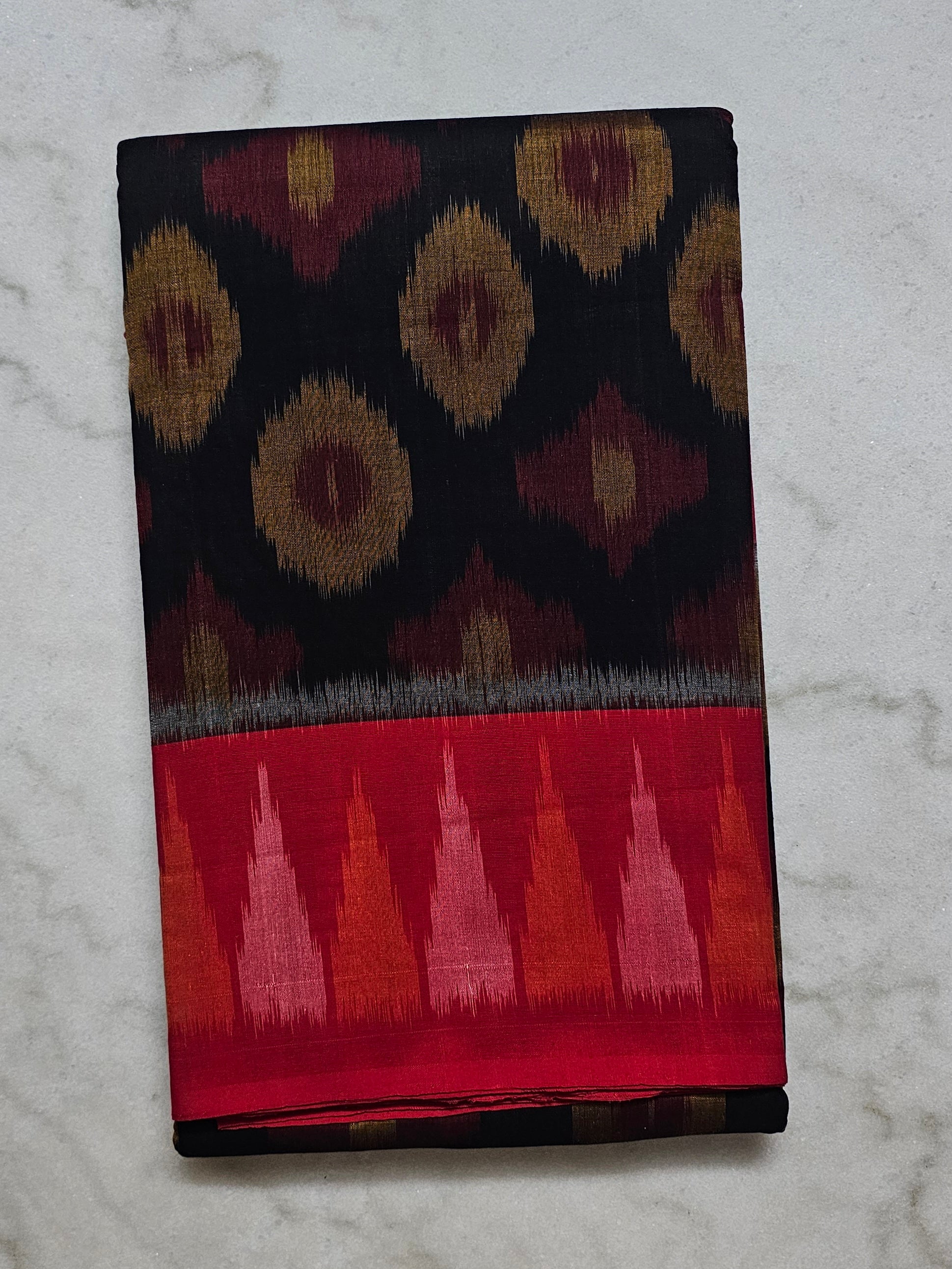 Sarvani - Black Ikkat Cotton Saree with Red Border