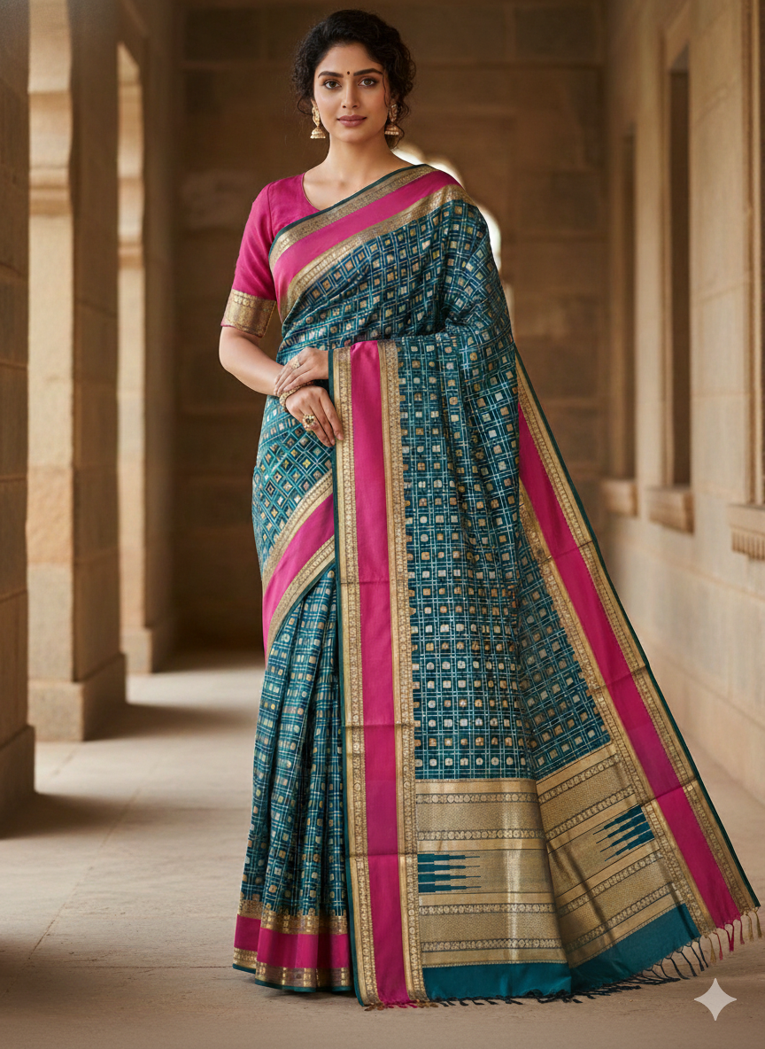 Ameyaa – Peacock Blue Aayiram Butta Kanchi Silk Cotton Saree