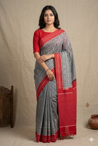 Woman in Grey and Red Handloom Pochampally Ikkat Mercerized Cotton Saree