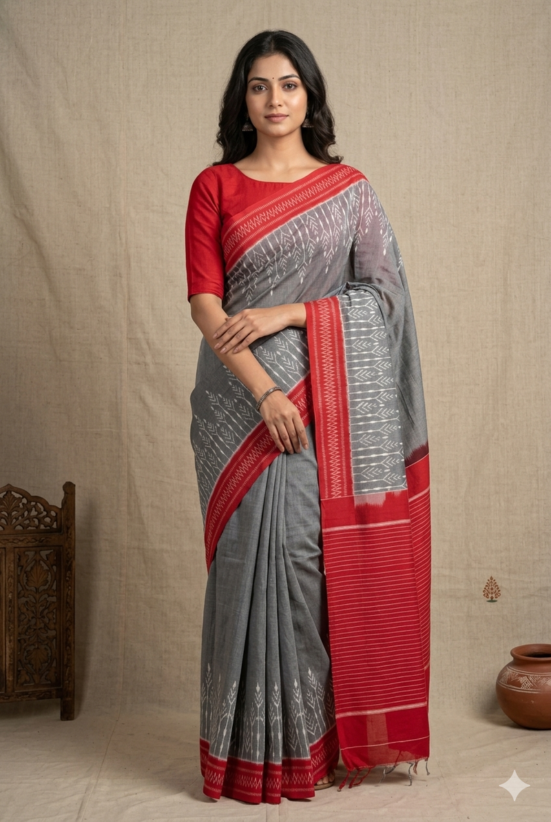 Woman in Grey and Red Handloom Pochampally Ikkat Mercerized Cotton Saree