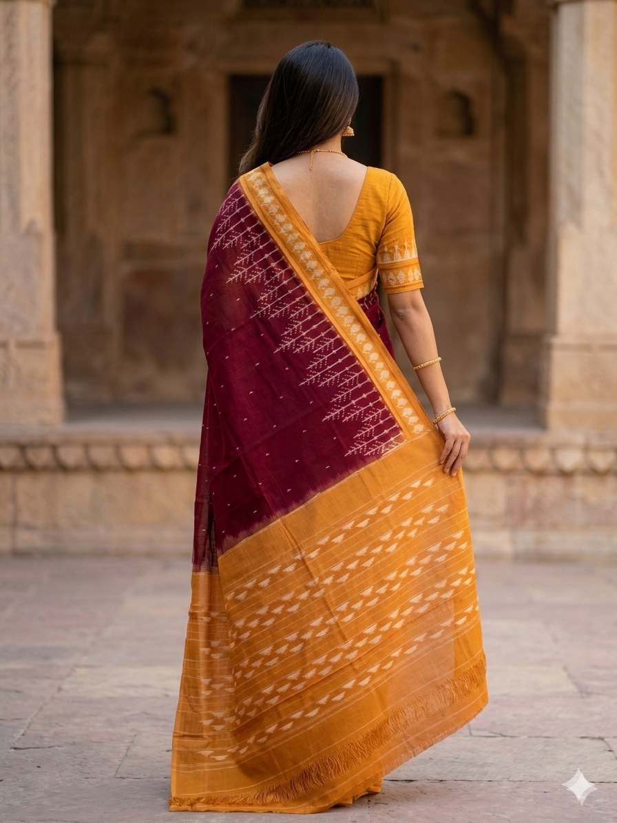 Woman wearing Maroon Handloom Pochampally Ikkat Mercerized Cotton Saree