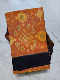 Ochre Yellow Ikkat Cotton Saree with Black Border