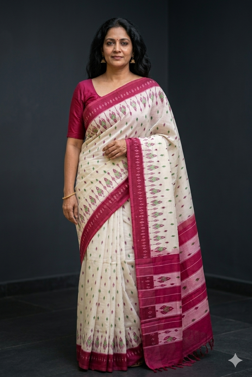 White Handloom Pochampally Ikkat Mercerized Cotton Saree