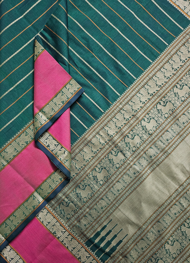 Green H Stripes Handloom Kanchi Cotton Saree with Rettai Pet Border
