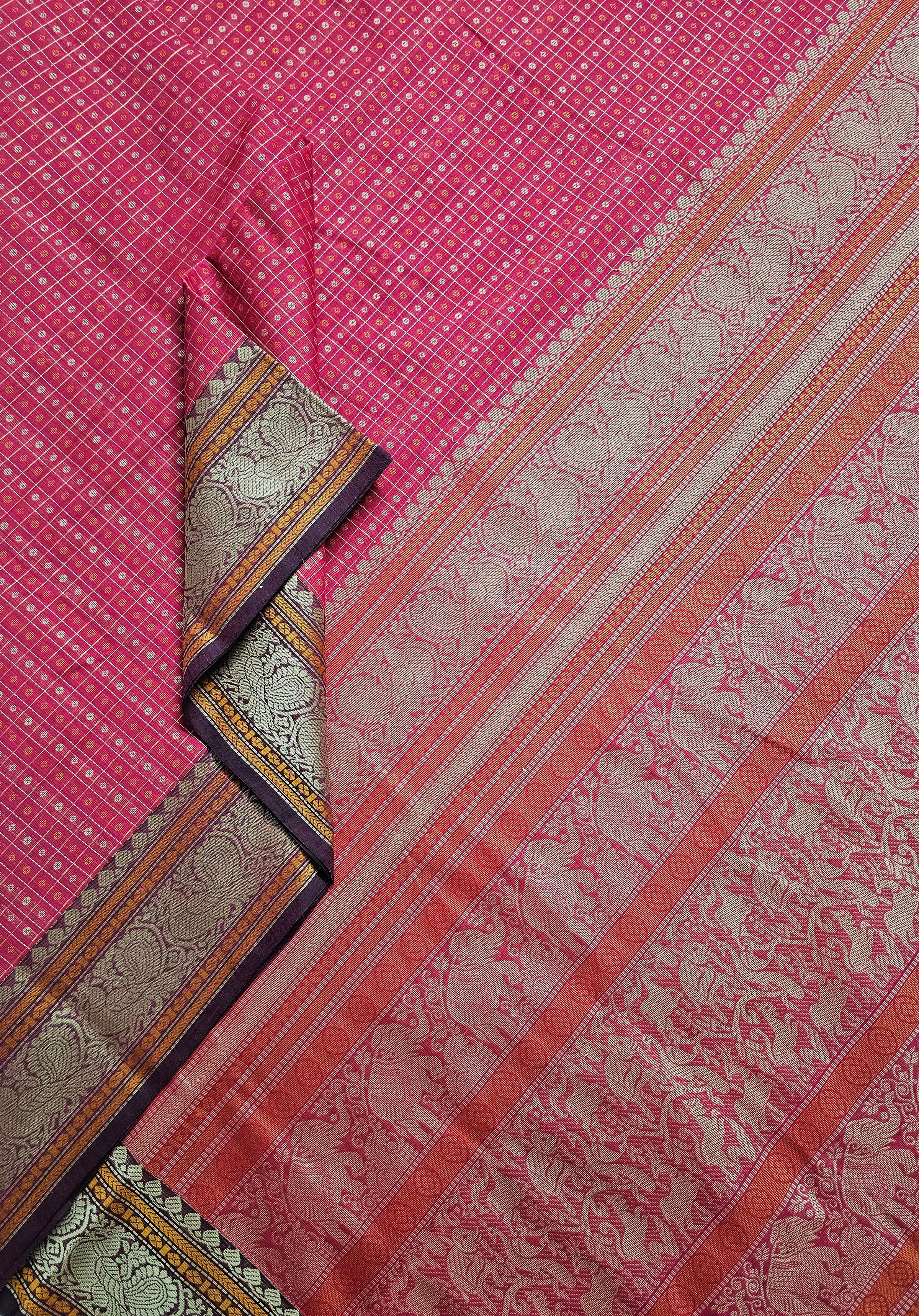 Pink Lakshadeepam Handloom Kanchi Cotton Saree with Purple Border