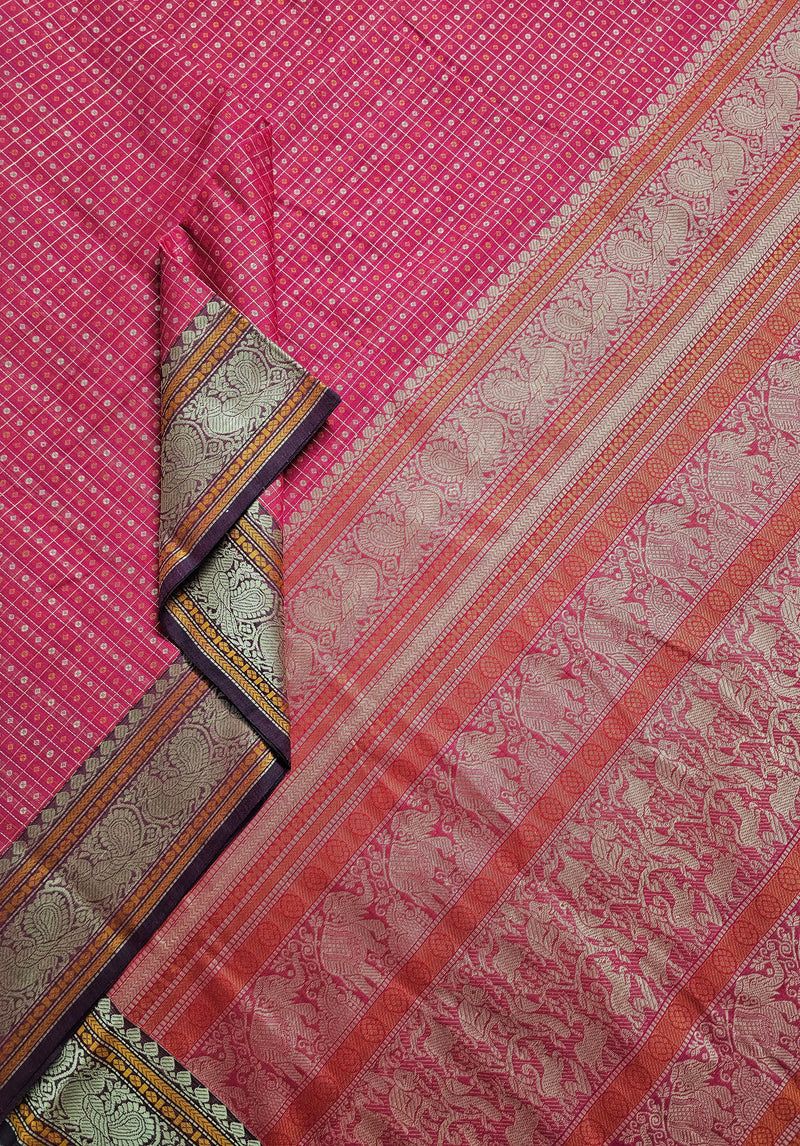 Pink Lakshadeepam Handloom Kanchi Cotton Saree with Purple Border