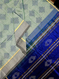 Mridul – Light Greyish Blue Dual Tone Handloom Bamboo Cotton Saree with Navy Blue Silk Pallu