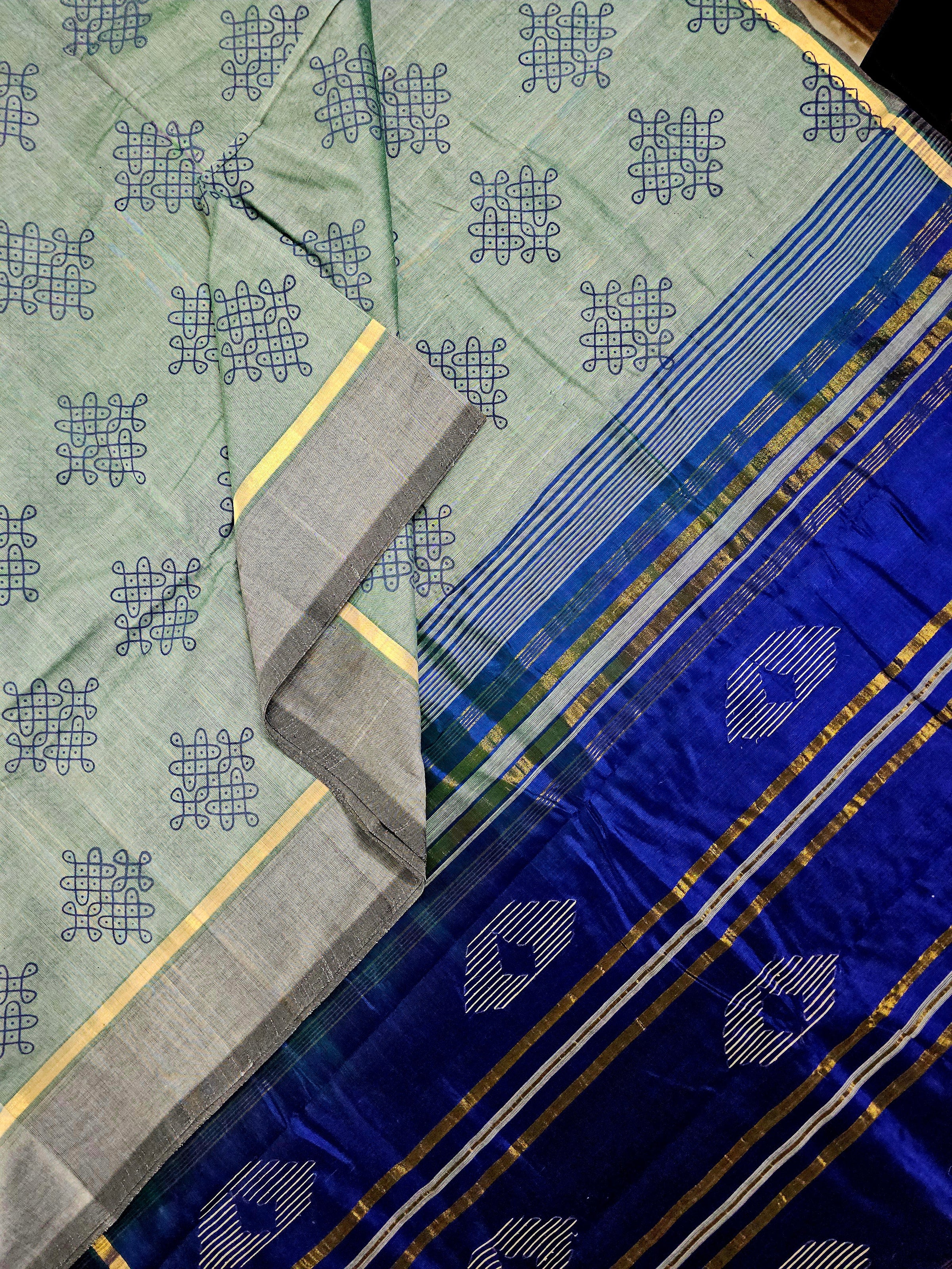 Mridul – Light Greyish Blue Dual Tone Handloom Bamboo Cotton Saree with Navy Blue Silk Pallu