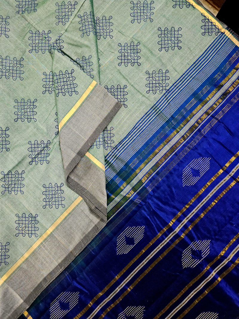 Mridul – Light Greyish Blue Dual Tone Handloom Bamboo Cotton Saree with Navy Blue Silk Pallu
