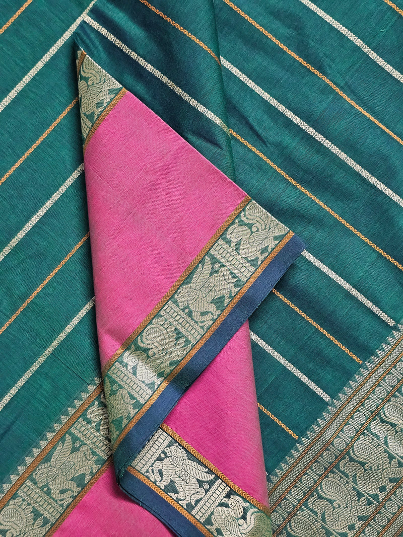 Green H Stripes Handloom Kanchi Cotton Saree with Rettai Pet Border