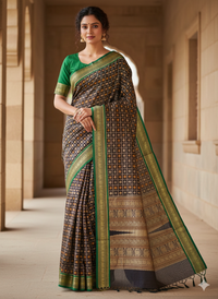 Vaidehi – Black Aayiram Butta Handloom Kanchi Cotton Saree with Green Border