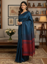 Mayurika – Peacock Blue Handloom Mangalagiri Silk Cotton Saree with Maroon Border