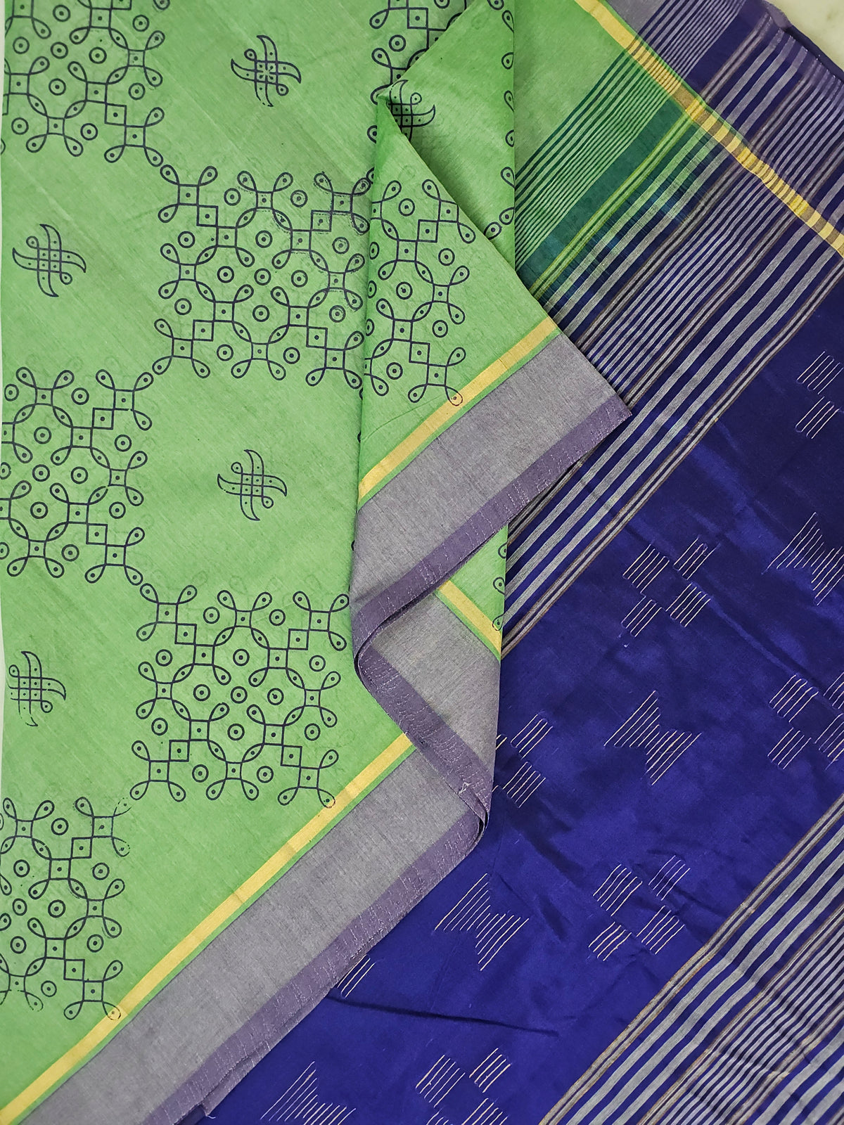 Pārijāta – Mint Green Handloom Bamboo Cotton Saree with Kolam Print