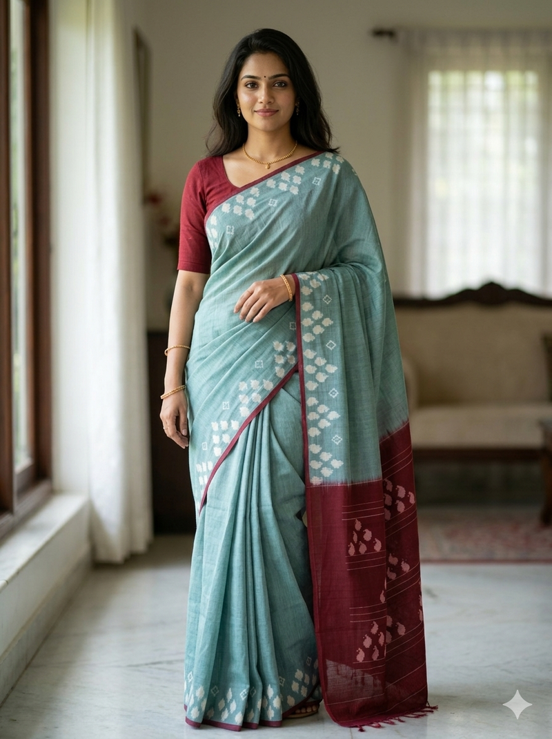 Woman in Sea Green Handloom Pochampally Ikkat Mercerized Cotton Saree