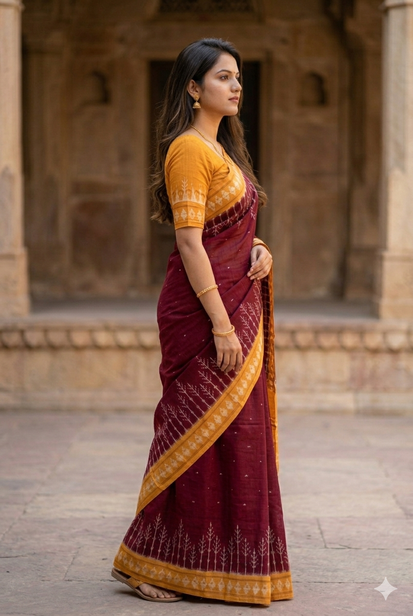Woman in Maroon Handloom Pochampally Ikkat Mercerized Cotton Saree