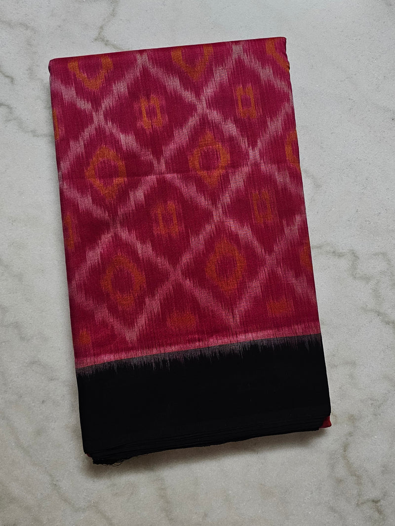 Magenta Pink Ikkat Cotton Saree with Black Border