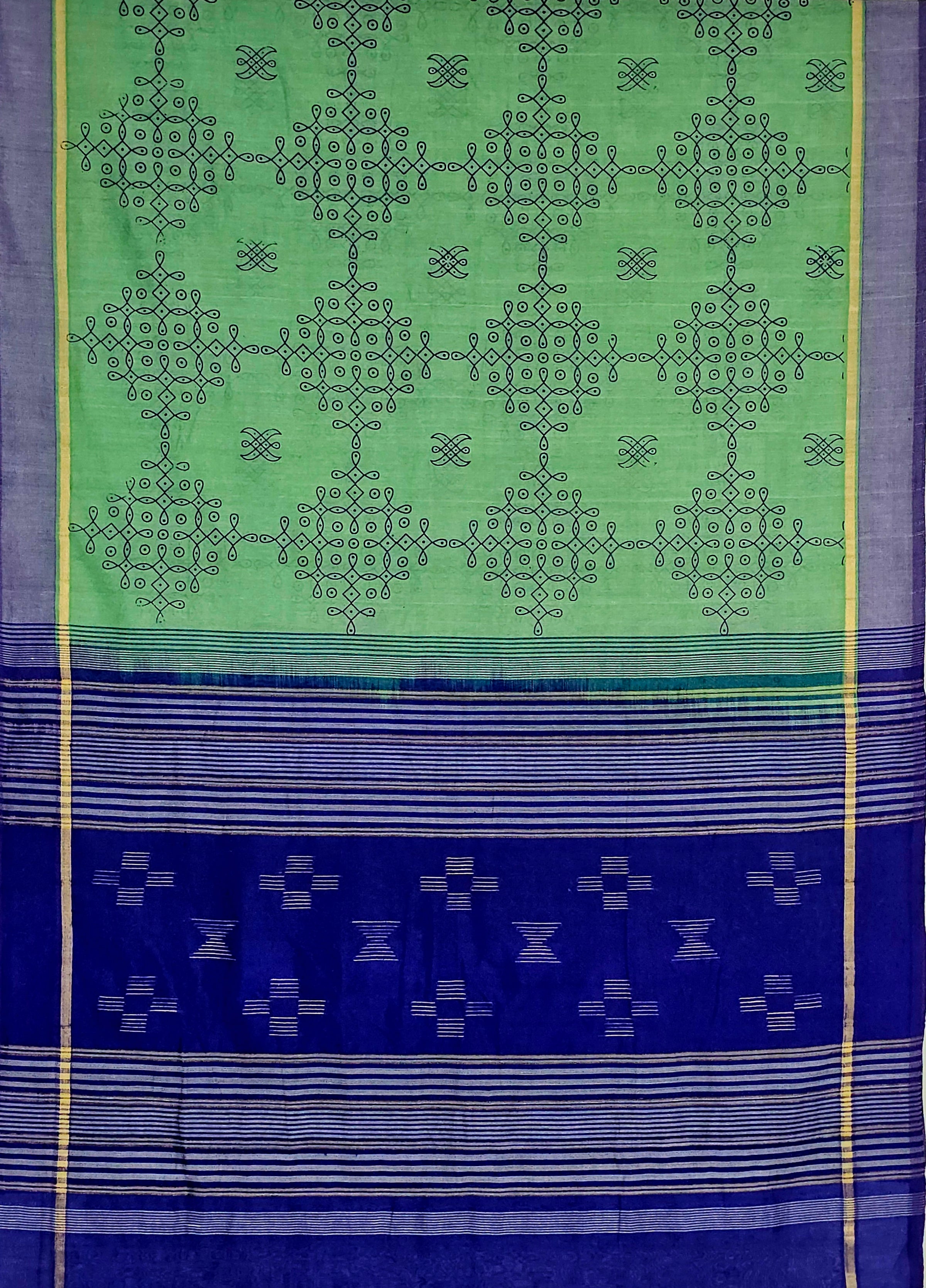 Pārijāta – Mint Green Handloom Bamboo Cotton Saree with Kolam Print