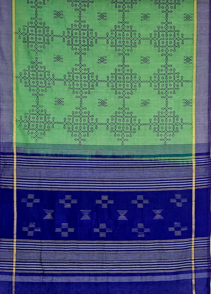 Pārijāta – Mint Green Handloom Bamboo Cotton Saree with Kolam Print