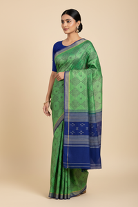 Pārijāta – Mint Green Handloom Bamboo Cotton Saree with Navy Blue Silk Cotton Pallu and Kolam Print