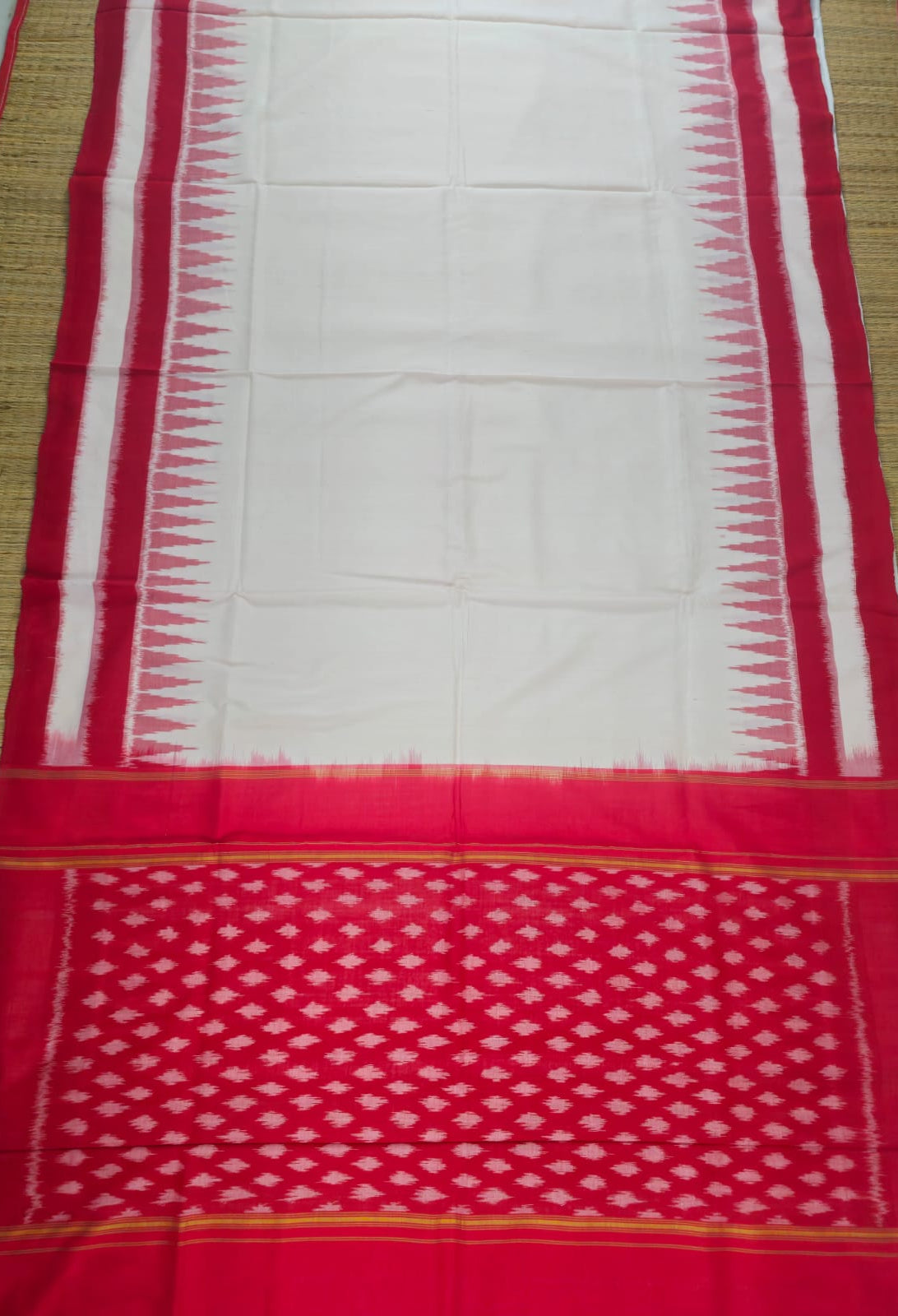 White and Red Handloom Pochampally Ikkat Mercerized Cotton Saree with Temple Border