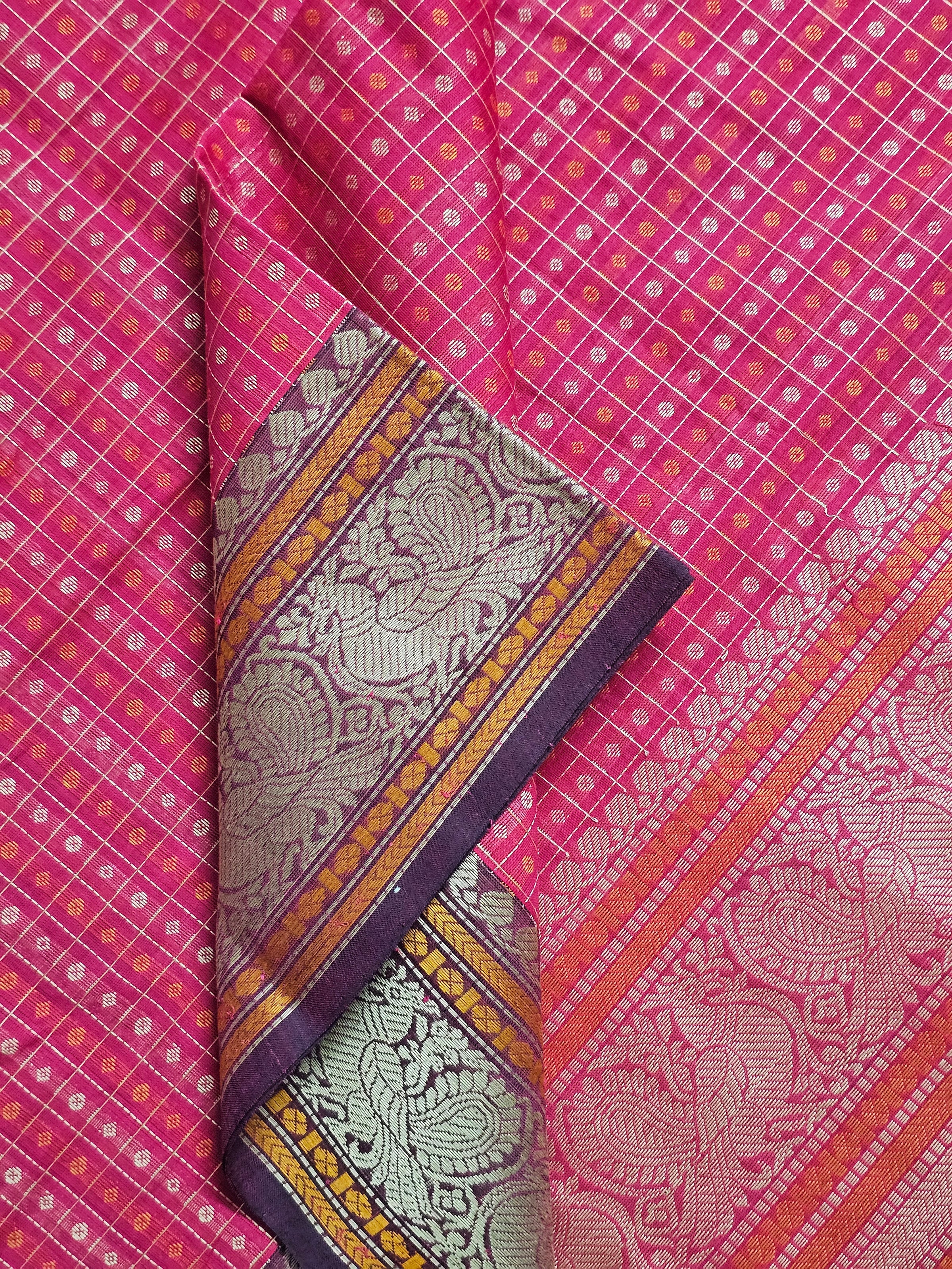 Pink Lakshadeepam Handloom Kanchi Cotton Saree with Purple Border
