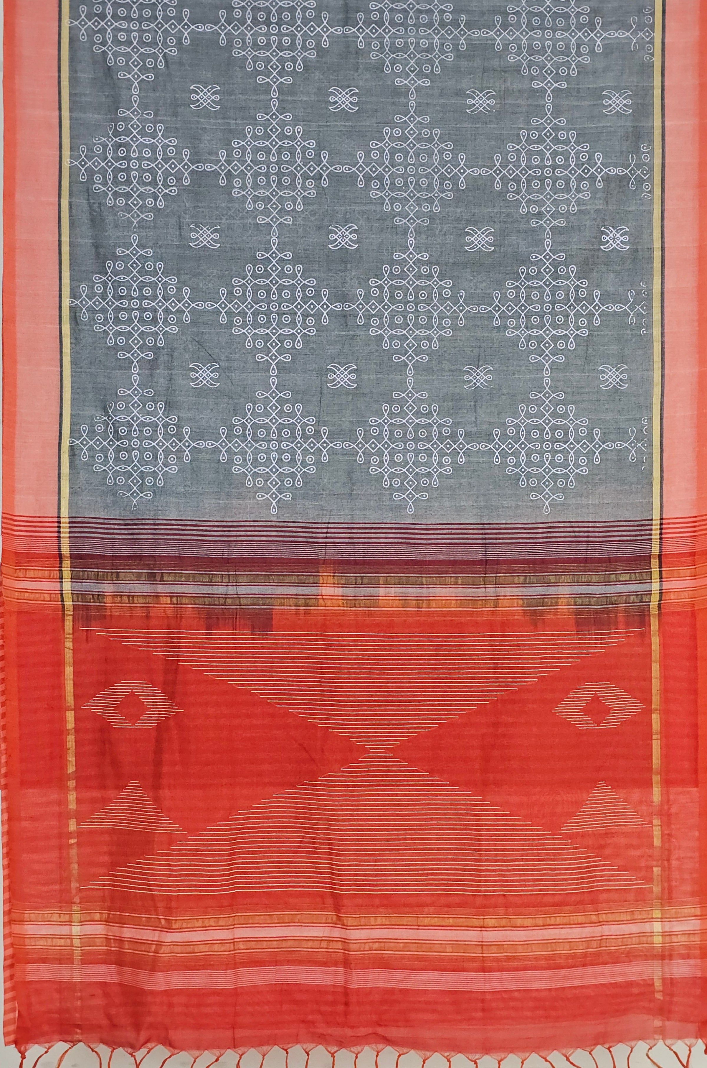 Swapnika – Grey and Orange Handloom Bamboo Cotton Saree with Kolam Print
