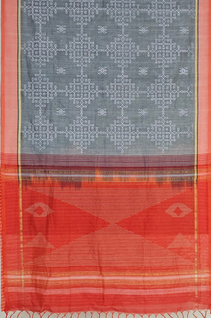 Swapnika – Grey and Orange Handloom Bamboo Cotton Saree with Kolam Print
