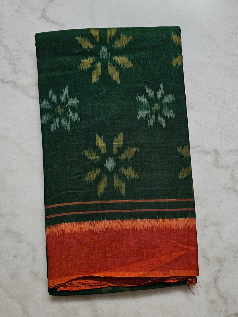Green Ikkat Cotton Saree with Orange Border