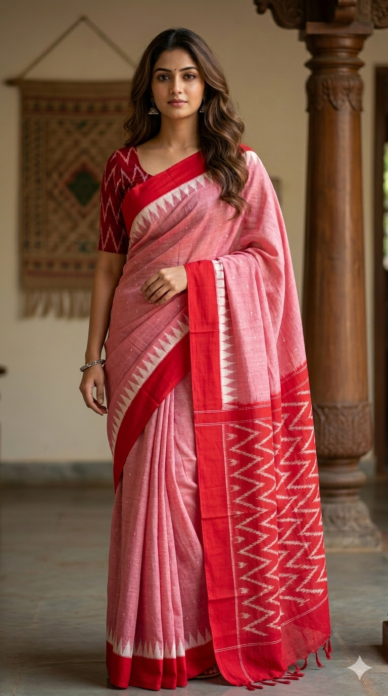 Woman wearing Pink and Red Handloom Pochampally Ikkat Mercerized Cotton Saree with Temple Border