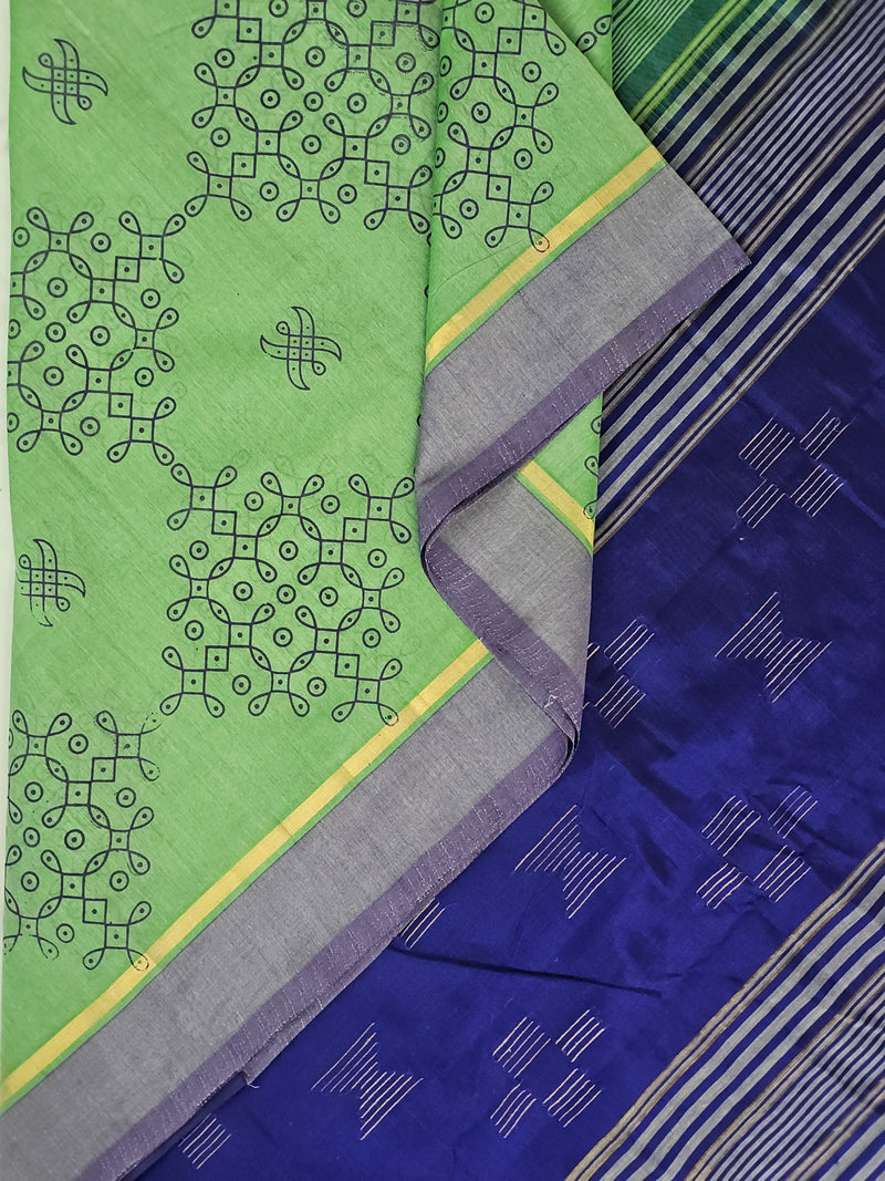 Pārijāta – Mint Green Handloom Bamboo Cotton Saree with Kolam Print