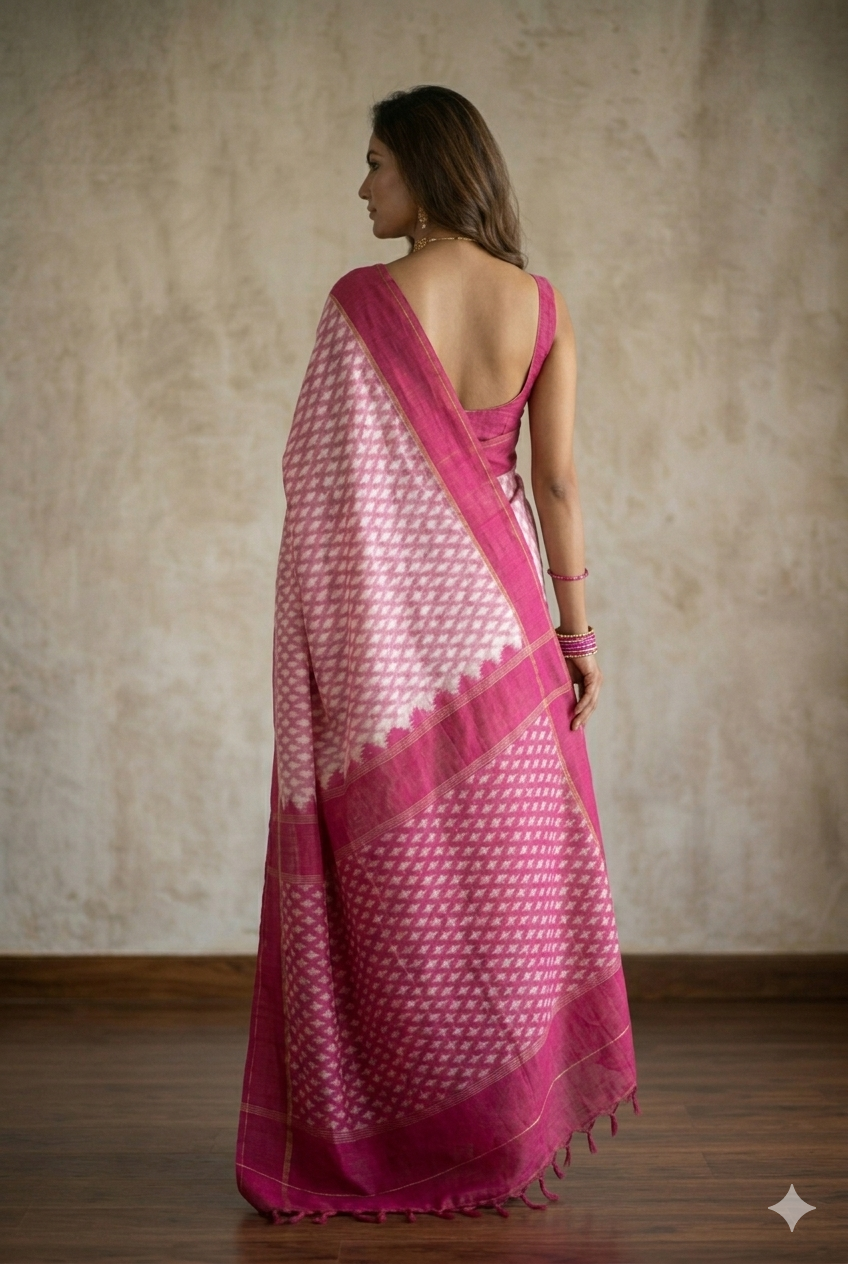 Back view of Woman wearing Pink and White Handloom Pochampally Ikkat Mercerized Cotton Saree