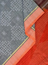 Swapnika – Grey and Orange Handloom Bamboo Cotton Saree with Kolam Print