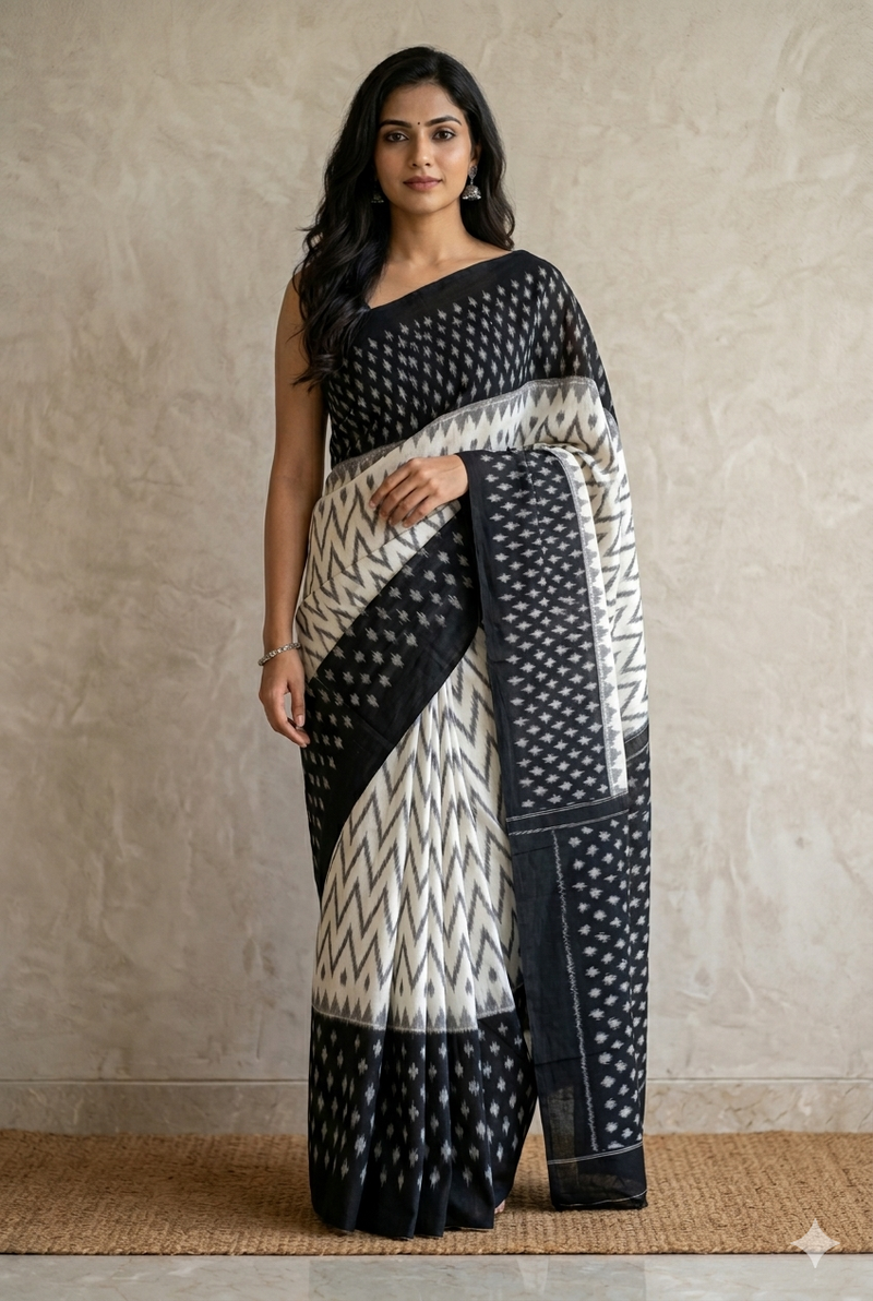 Woman wearing Black and White Handloom Pochampally Ikkat Mercerized Cotton Saree