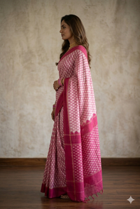 Side view of woman wearing Pink and White Handloom Pochampally Ikkat Mercerized Cotton Saree