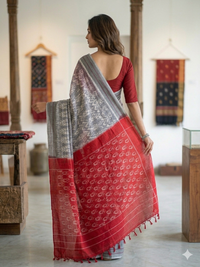 Grey and White Handloom Pochampally Ikkat Mercerized Cotton Saree