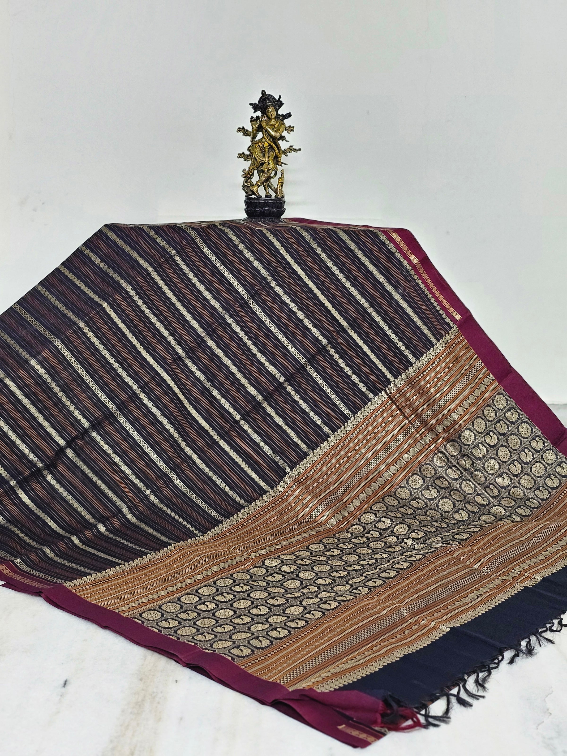Shyamalika – Black Handloom Kanchi Cotton Saree with Horizontal stripes
