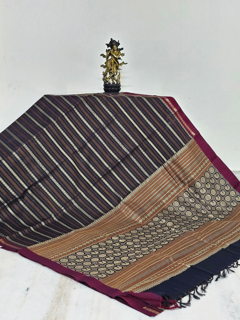 Shyamalika – Black Handloom Kanchi Cotton Saree with Horizontal stripes