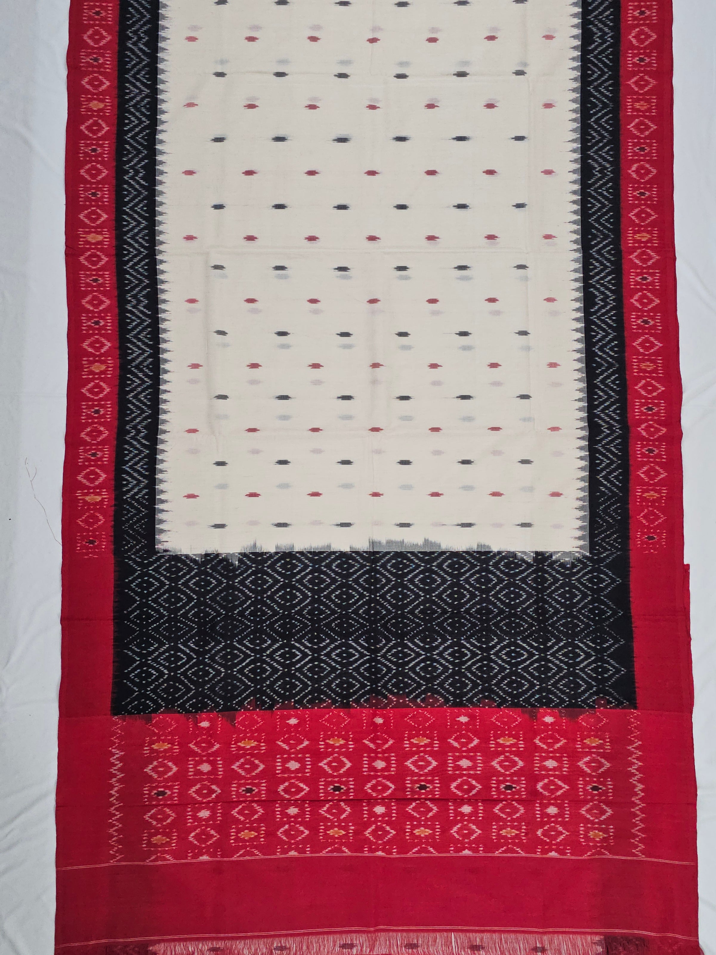 White Handloom Pochampally Ikkat Mercerized Cotton Saree with 2 tone Motifs