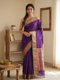 Tejasvi – Purple Pure Handloom Kanchi Cotton Saree with Zari Border and Green Selvedge