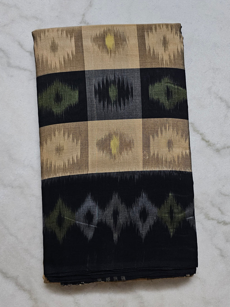 Beige Black Checks Handloom Ikkat Cotton Saree