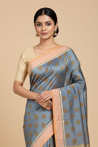 Indrānī – Grey Handloom Bamboo Cotton Saree with Yellow Silk Pallu