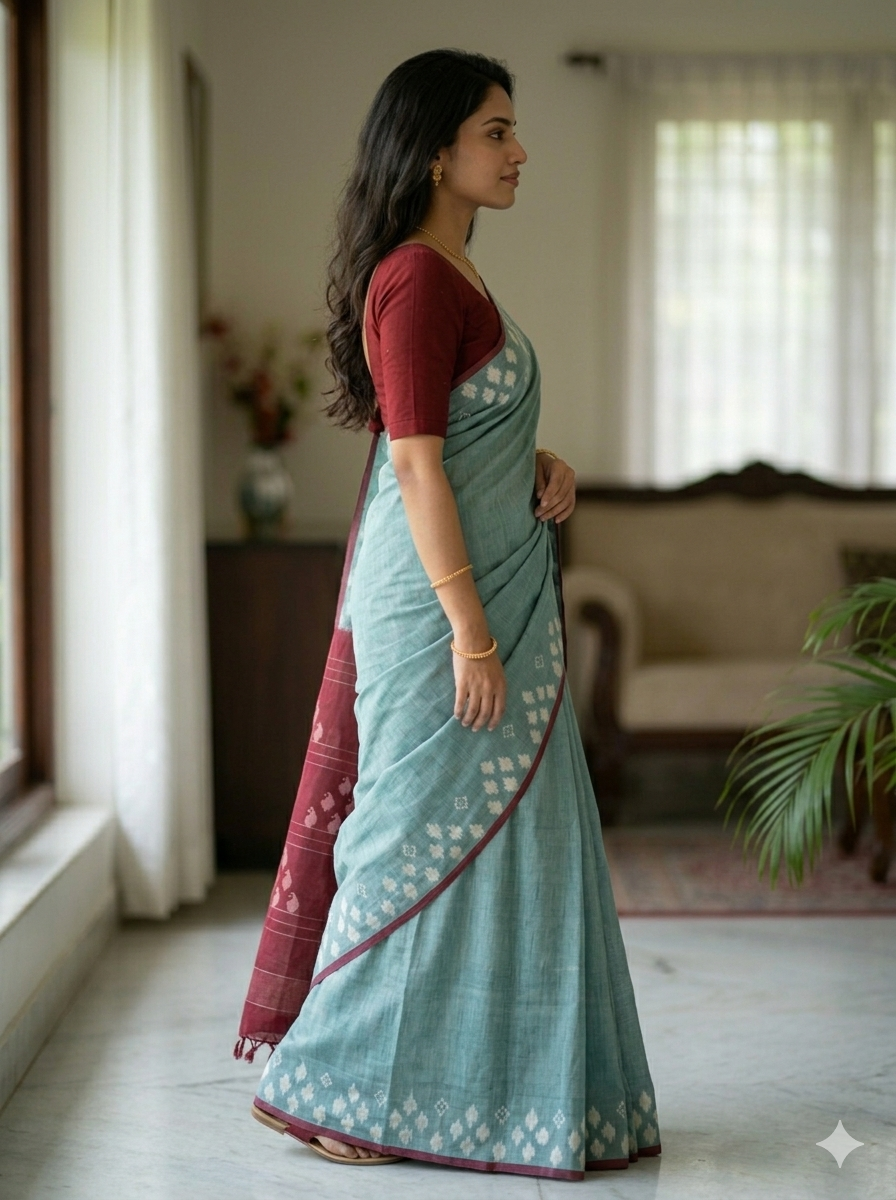 Woman in Sea Green Handloom Pochampally Ikkat Mercerized Cotton Saree