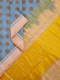 Indrānī – Grey Handloom Bamboo Cotton Saree with Yellow Silk Pallu