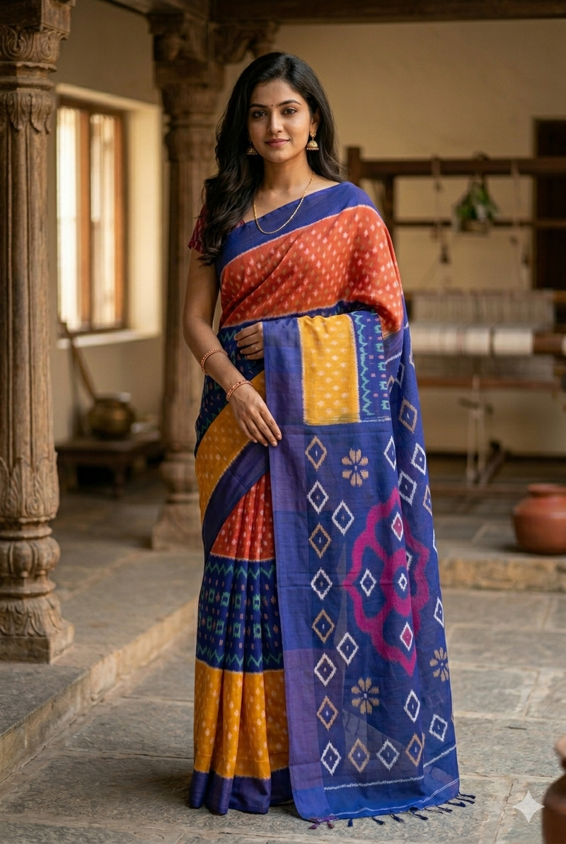 Woman in Multi Colour Handloom Pochampally Ikkat Mercerized Cotton Saree