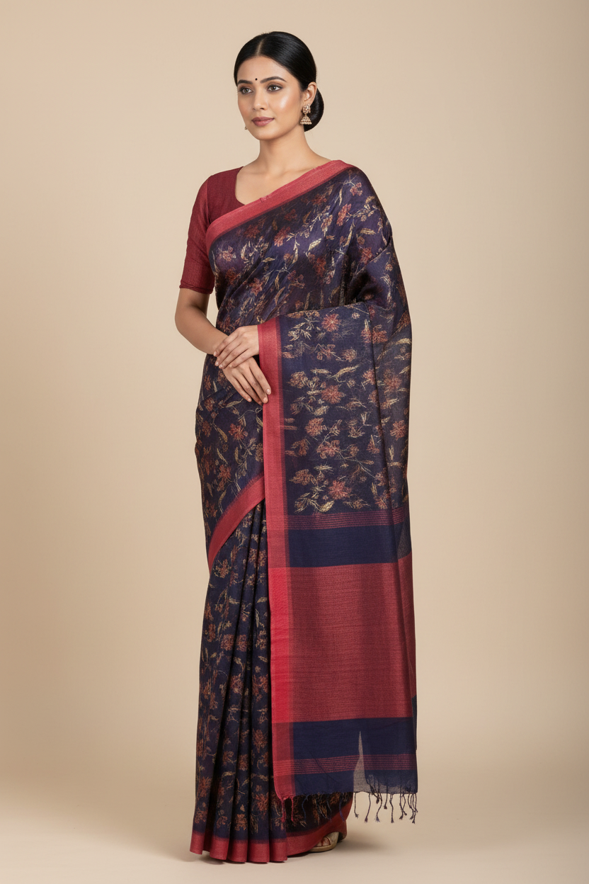 Navy Blue Handloom Khadi Saree with Jaali Pattern