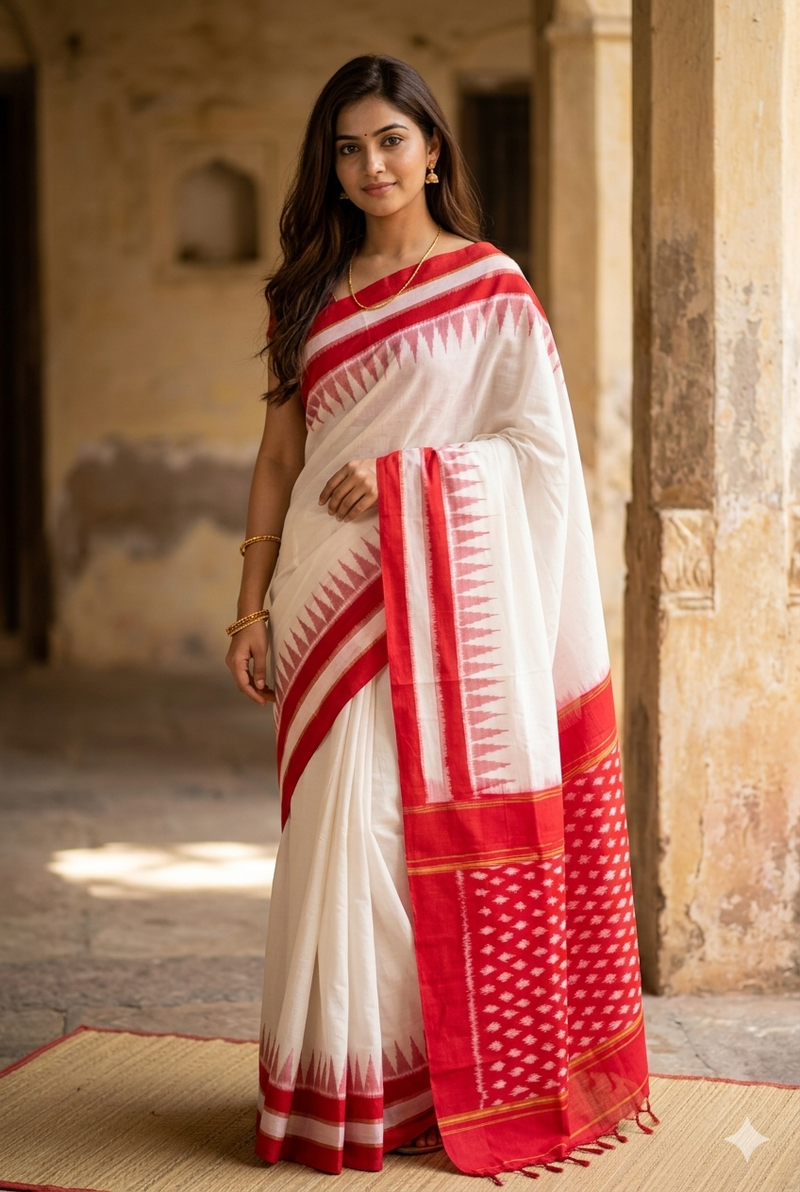 Woman in White and Red Handloom Pochampally Ikkat Mercerized Cotton Saree with Temple Border