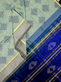 Mridul – Light Greyish Blue Dual Tone Handloom Bamboo Cotton Saree with Navy Blue Silk Pallu
