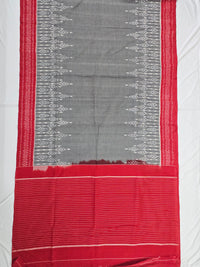 Grey and Red Handloom Pochampally Ikkat Mercerized Cotton Saree