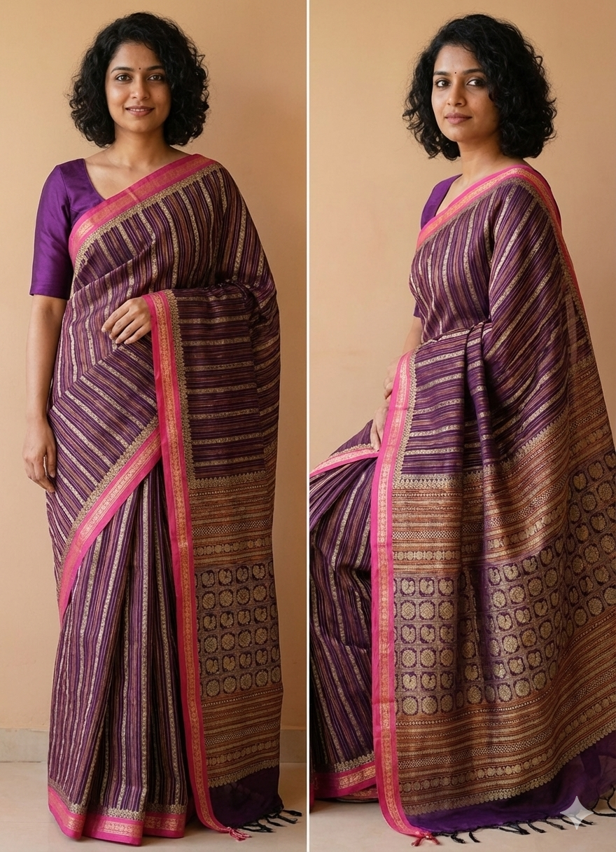 Vainika – Purple Handloom Kanchi Cotton Saree with Horizontal stripes
