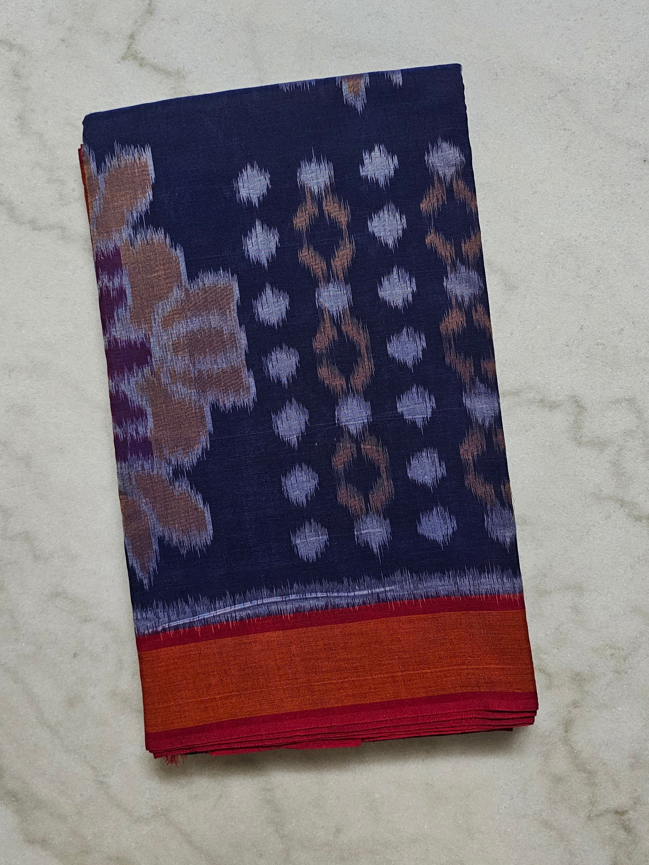 Navy Blue Ikkat Cotton Saree with Ochre Border